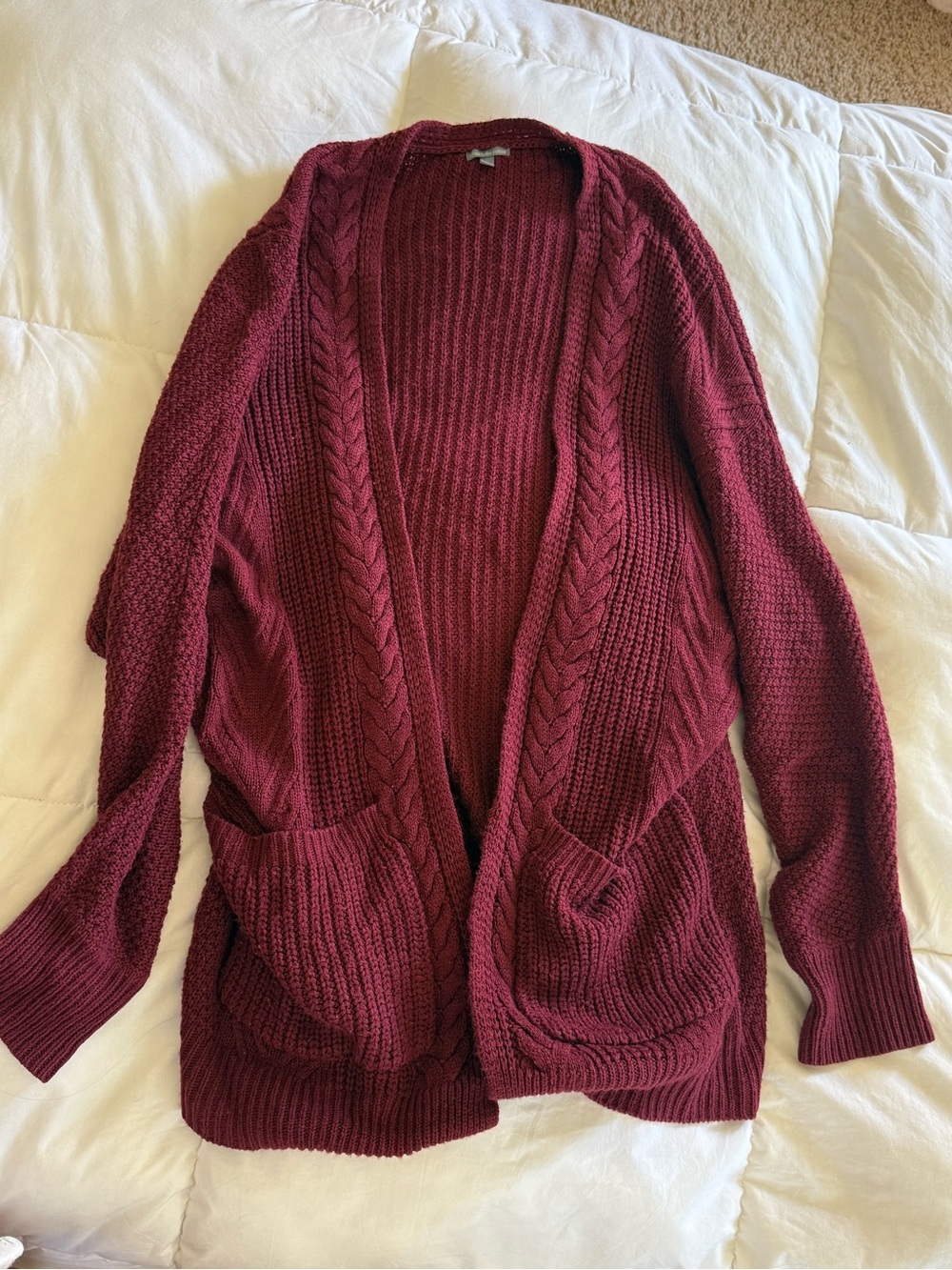 Cozy Open-Front Cable Knit Cardigan - Burgundy